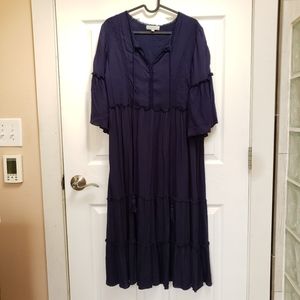 World Market Navy Blue Boho Cottagecore Bell Sleeve Midi Dress